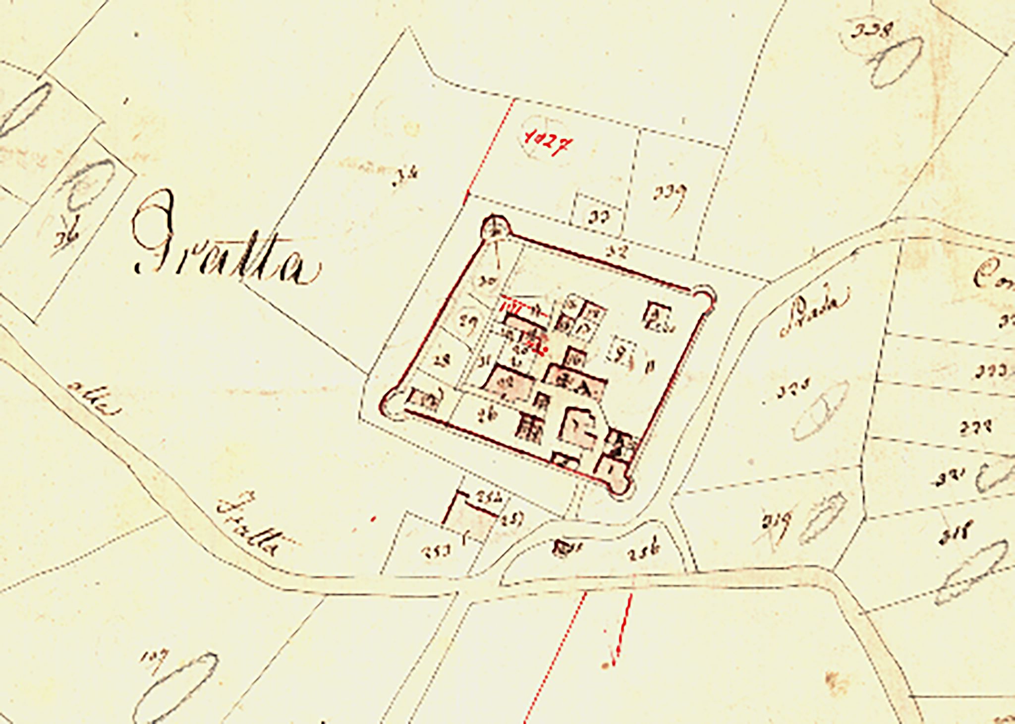 Fratta, Montefalco, mappa del Castello secondo il Catasto Gregoriano (1820) - Stefano Bordoni