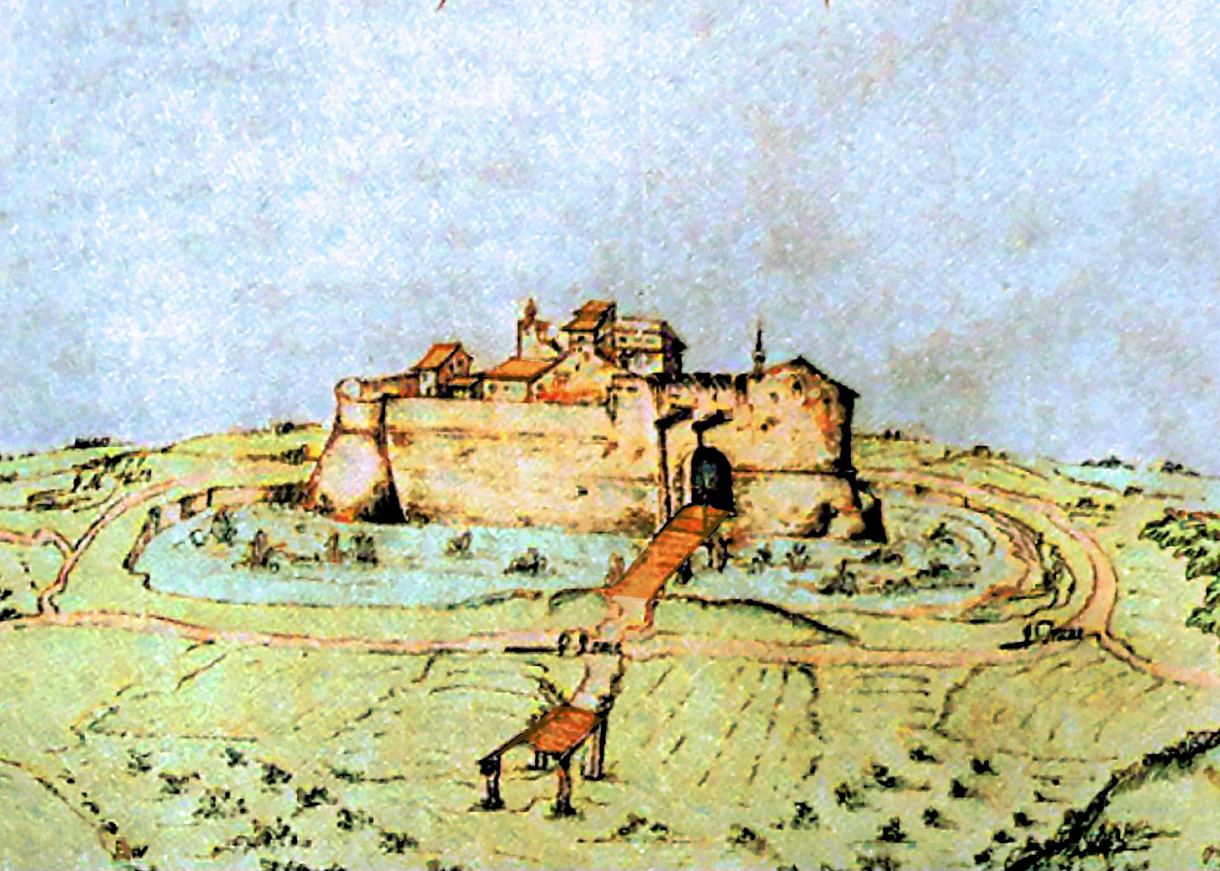 Veduta del Castello di Fratta, Cipriano Piccolpasso (1575 ca.), elaborata per quanto riguarda i colori da Stefano Bordoni (per gentile concessione di S.B.)
